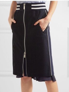 💕NEW Sacai Navy cutout lace logo Zipper Front Midi SportySkirt Japan Sz1  USA S